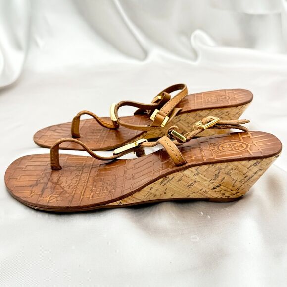 Tory Burch Pauline Tan Leather Demi Wedge Slingback Thong Size 6 M Sandals - Picture 1 of 15